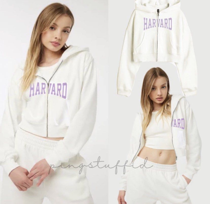 LINK crop zipper h m hnm hoodie harvard Fesyen Wanita Pakaian Wanita Baju Luaran di Carousell