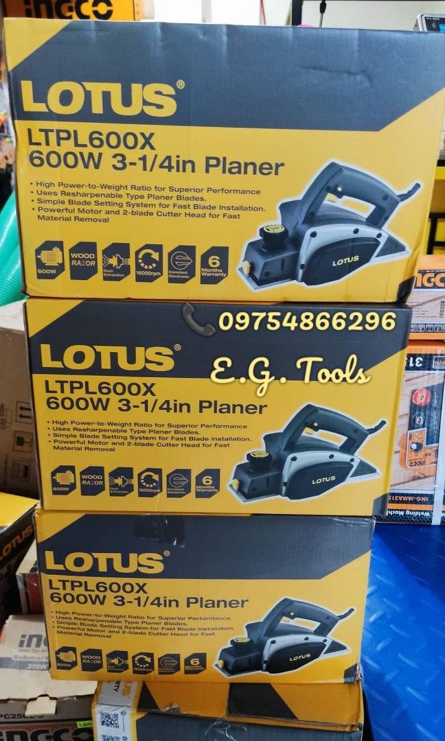 LOTUS 600W Electric Planer (LTPL600X) (Category: Construction Tools & Equipment) located in Caloocan City. Submitted by emgaile (Listing ID 1254465877, Image 1). Description: LOTUS 600W Planer - LTPL600X SPECIFICATION Rated Power: 600W Voltage: 220/240V Frequency: 50/60Hz No-load Speed: 1600r/min Planing Width: 82mm (3-1/4") Planing Depth: 1mm (1/32") Net Weight: 2.35kgs Contact us for faster transaction. TO GOD BE THE GLORY!.