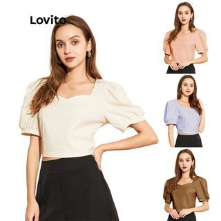 Lovito Elegant Plain Square Neck Puff Sleeve Textured Women Pink T-Shirt Pre-loved
