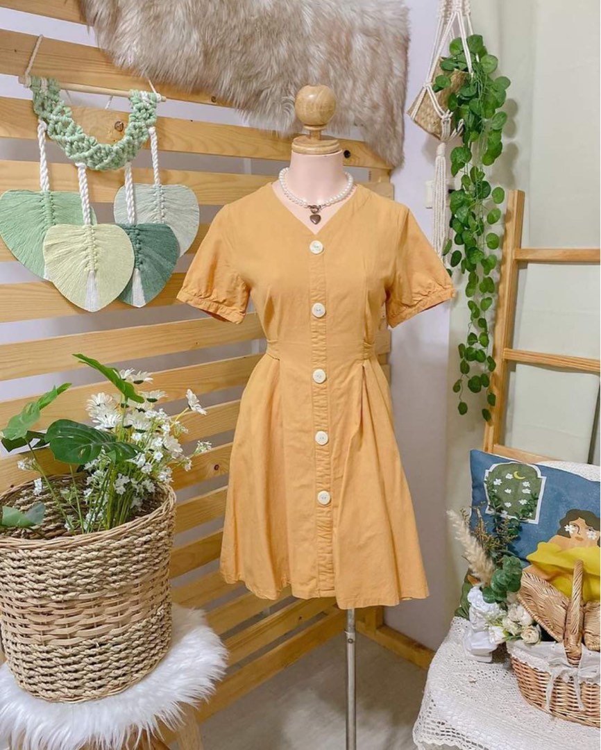 Mustard Yellow Korean Dress, Women's Fashion, Dresses & Sets, Dresses