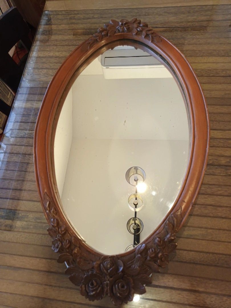 Vintage Narra Mirror with Floral Design (Category: Mirrors) located in Manila. Submitted by momandpop.shop (Listing ID 1254537221, Image 2). Description: 40 in x 22.5 in Dainty intricate design Solid wood, heavy With signs of age on mirror and wood Accessory used not included.
