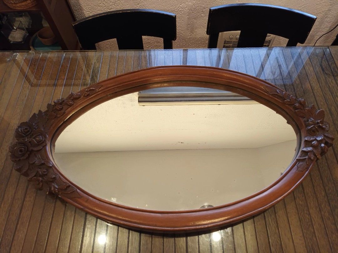 Vintage Narra Mirror with Floral Design (Category: Mirrors) located in Manila. Submitted by momandpop.shop (Listing ID 1254537221, Image 3). Description: 40 in x 22.5 in Dainty intricate design Solid wood, heavy With signs of age on mirror and wood Accessory used not included.