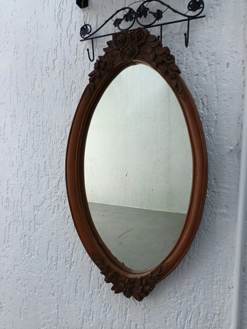 Vintage Narra Mirror with Floral Design (Category: Mirrors) located in Manila. Submitted by momandpop.shop (Listing ID 1254537221, Image 1). Description: 40 in x 22.5 in Dainty intricate design Solid wood, heavy With signs of age on mirror and wood Accessory used not included.