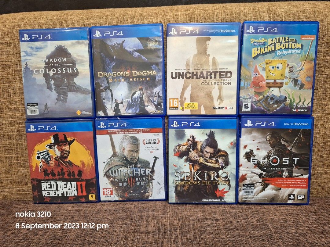 PS4 and NS games (Category: PlayStation) located in Manila. Submitted by pjthebartender (Listing ID 1254555005, Image 1). Description: For sale PS4 games Shadow of Colossuss 900 Dragon Dogma Dark arisen 900 Uncharted Collection 700 Sponge bob battle for bikini bottom 700 Red dead redemtion w/map 900 Brandnew Sealed The Witcher 1000 Sekiro 1300 Ghost of Tsushima 1300 For sale NS games Go Vacation 1000 Pokemon scarlet 1900 Pokemon brilliant diamond