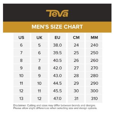 Size on sale chart teva