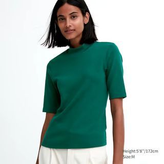 Uniqlo Cotton High Neck Half Sleeve T-Shirt - 55 Green
