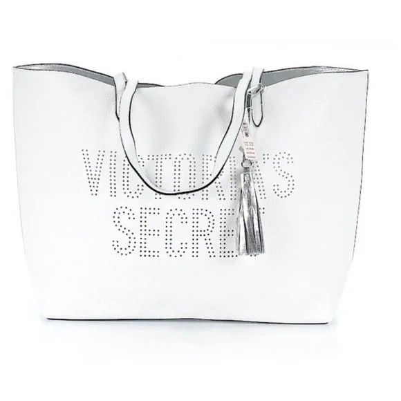 Victoria's Secret, Bags, Victorias Secret Large White Leather Tote Bag  With Tassel Summer Luggage
