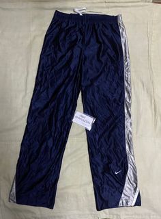 Vintage Nike Track Pants XL Navy Blue Nylon White Swoosh Baggy Silver Tag  Y2K