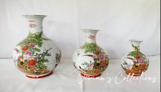 Vintage Porcelain Chinese Famille Birds and Flowers Vase Set (3pc) (SUPER SALE!)