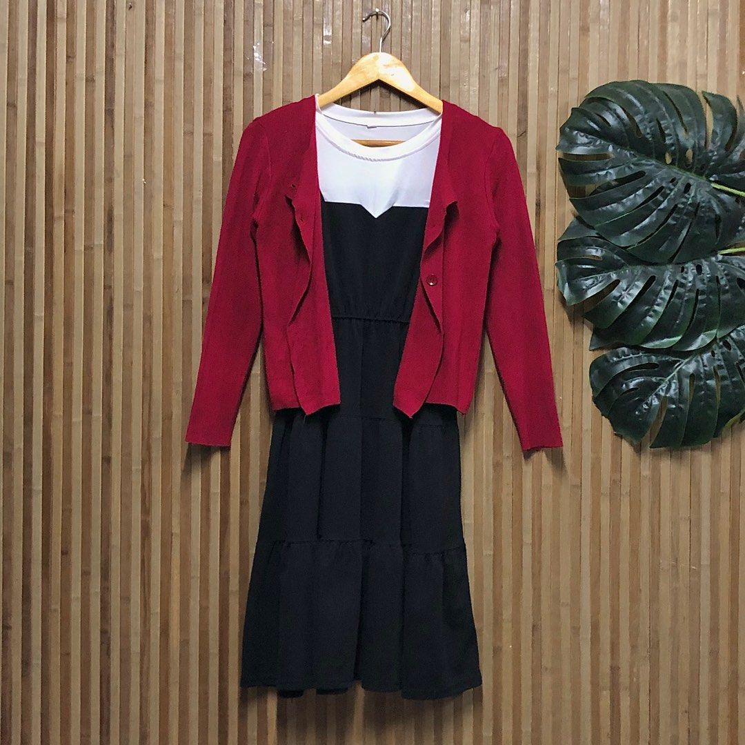 Black dress clearance with red cardigan