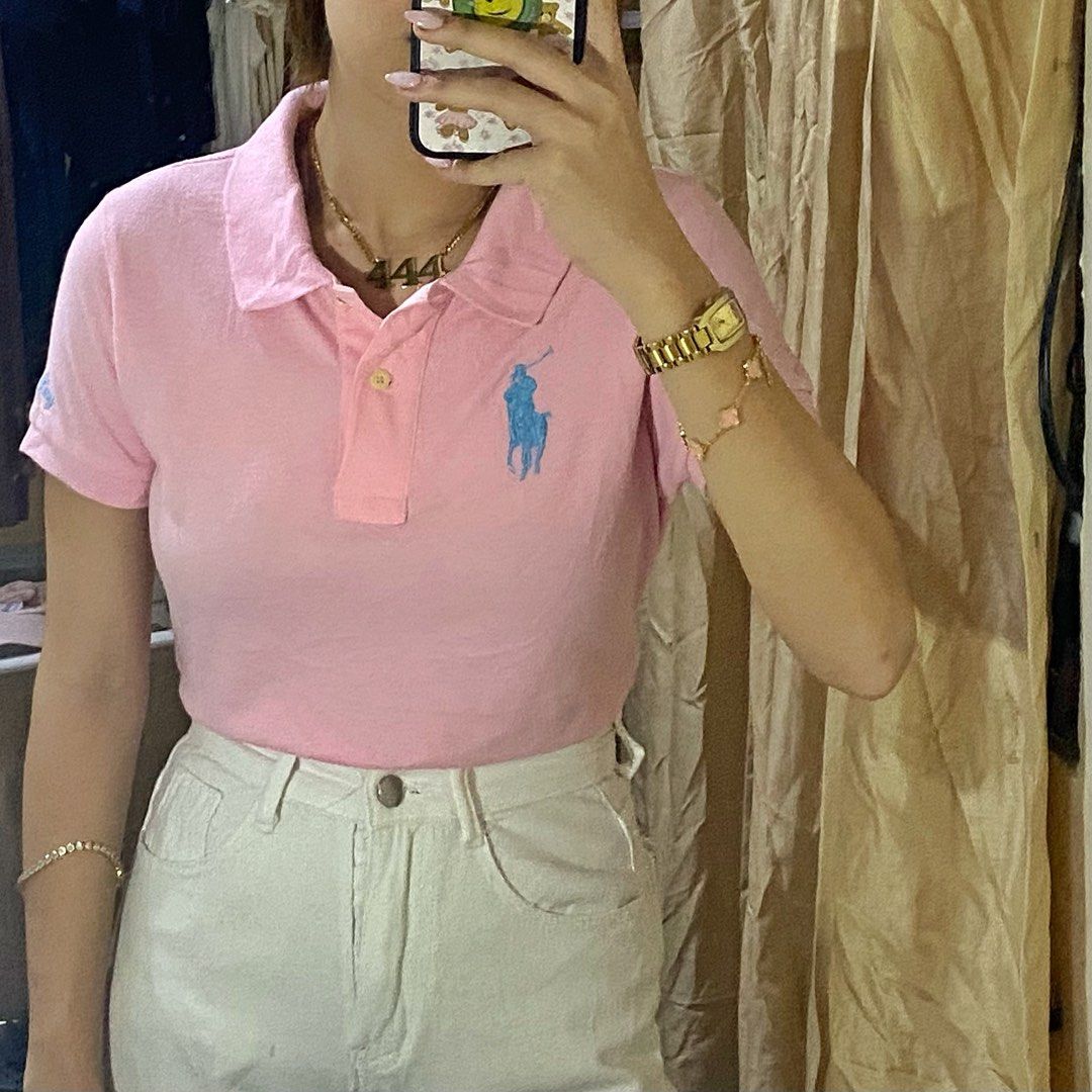 Pink polo shirt outfit women's clearance