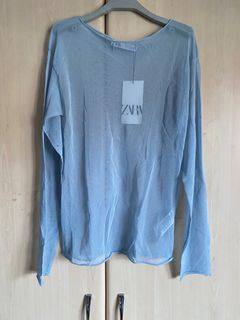 AUTH ZARA BABY BLUE SEE THROUGH LONGSLEEVES TOP BLOUSE ON TREND