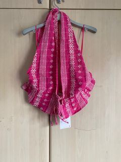 AUTH ZARA BRIGHT PINK EMBROIDERED SEXY SUMMER TOP BLOUSE BACKLESS TIE NECK