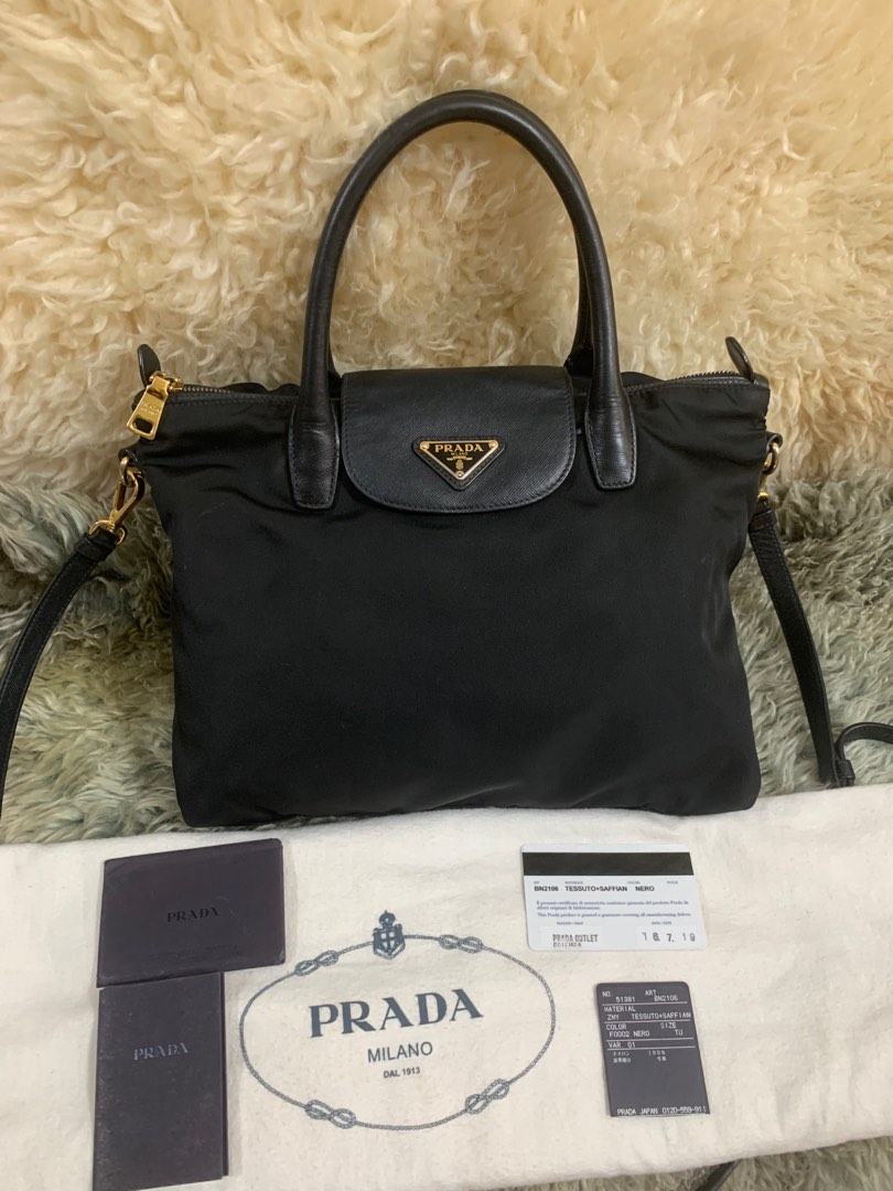 Prada Convertible Flap Tote Tessuto/Saffiano Medium Nero Black in