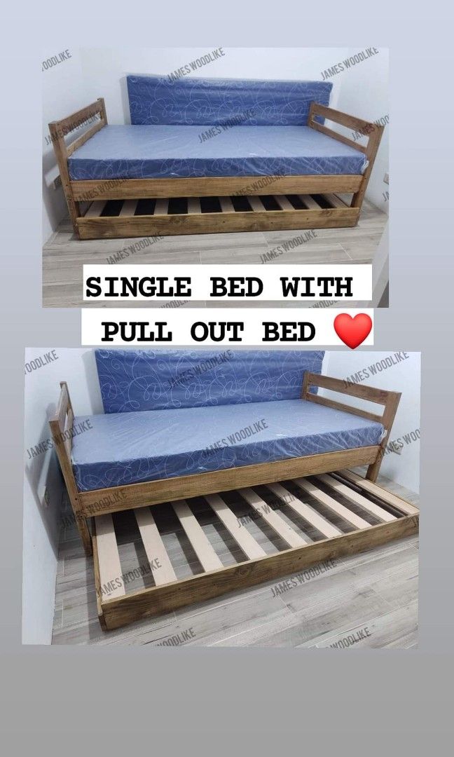 BED FRAME WITH PULL OUT BED (Category: Bed Frames & Mattresses) located in General Trias. Submitted by jameswoodlike (Listing ID 1254739966, Image 1). Description: Get our Wooden Bedframe with Pull out bed ✅ We are #JamesWoodLike Furniture! Where you get quality wood works at a #SulitPrice!!! 😀 what are you waiting for? :) INQUIRE NOW! Thanks for choosing James WoodLike and for making this #BedwithPullOutBed Happen Ms. Yham ! 🥰 This is her BACK