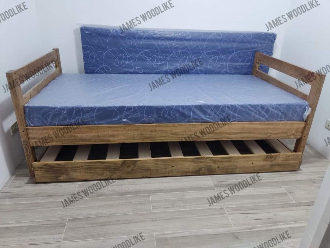 BED FRAME WITH PULL OUT BED (Category: Bed Frames & Mattresses) located in General Trias. Submitted by jameswoodlike (Listing ID 1254739966, Image 2). Description: Get our Wooden Bedframe with Pull out bed ✅ We are #JamesWoodLike Furniture! Where you get quality wood works at a #SulitPrice!!! 😀 what are you waiting for? :) INQUIRE NOW! Thanks for choosing James WoodLike and for making this #BedwithPullOutBed Happen Ms. Yham ! 🥰 This is her BACK