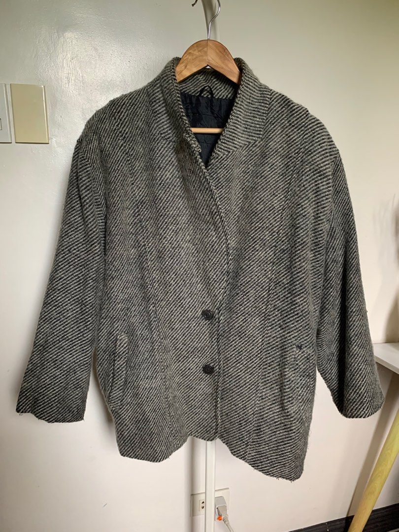 Black and White Winter Wool Coat (Shawl lapel) (Category: Coats, Jackets and Outerwear) located in Caloocan City. Submitted by hellodeco (Listing ID 1254708650, Image 1). Description: Black and White Winter Wool Coat Size: S - XL Length: 28” Width- 19” Needs washing. Has yellow marks on back collar (see photos) but can be removed once washed. RFS. Decluttering..