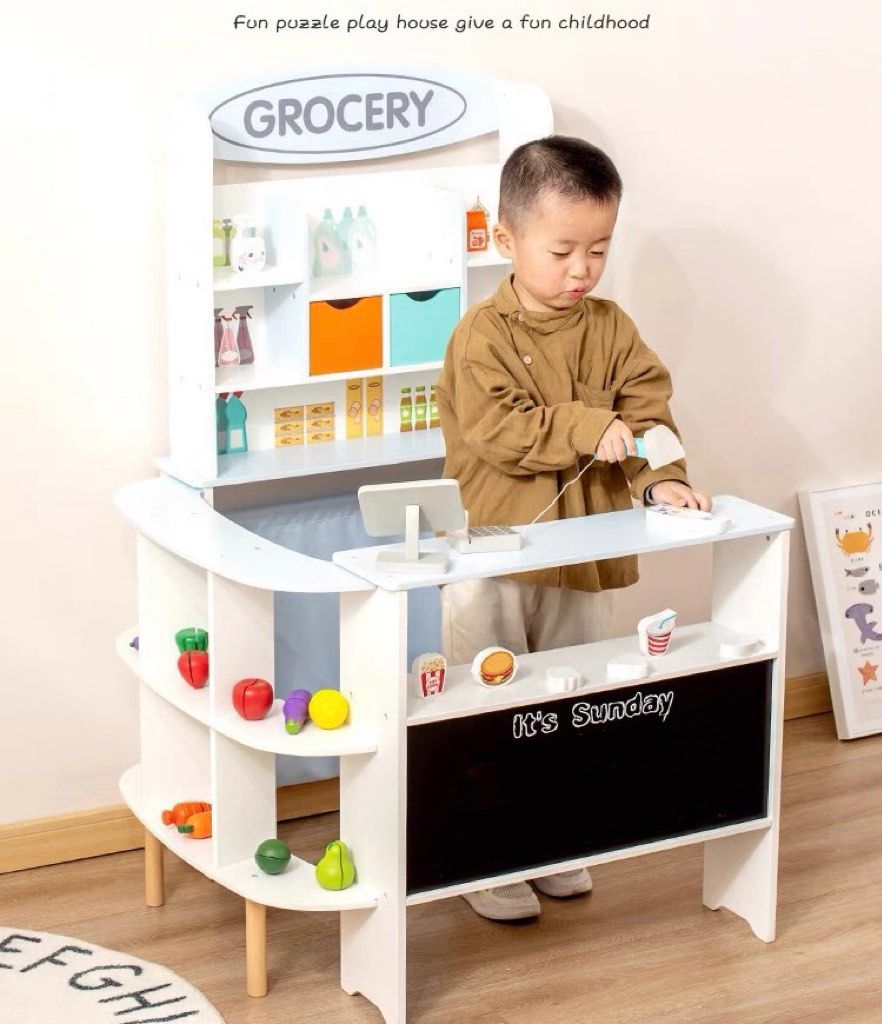 BNIB Wooden Mini Grocery Play Kitchen Stall Fast Food Shop