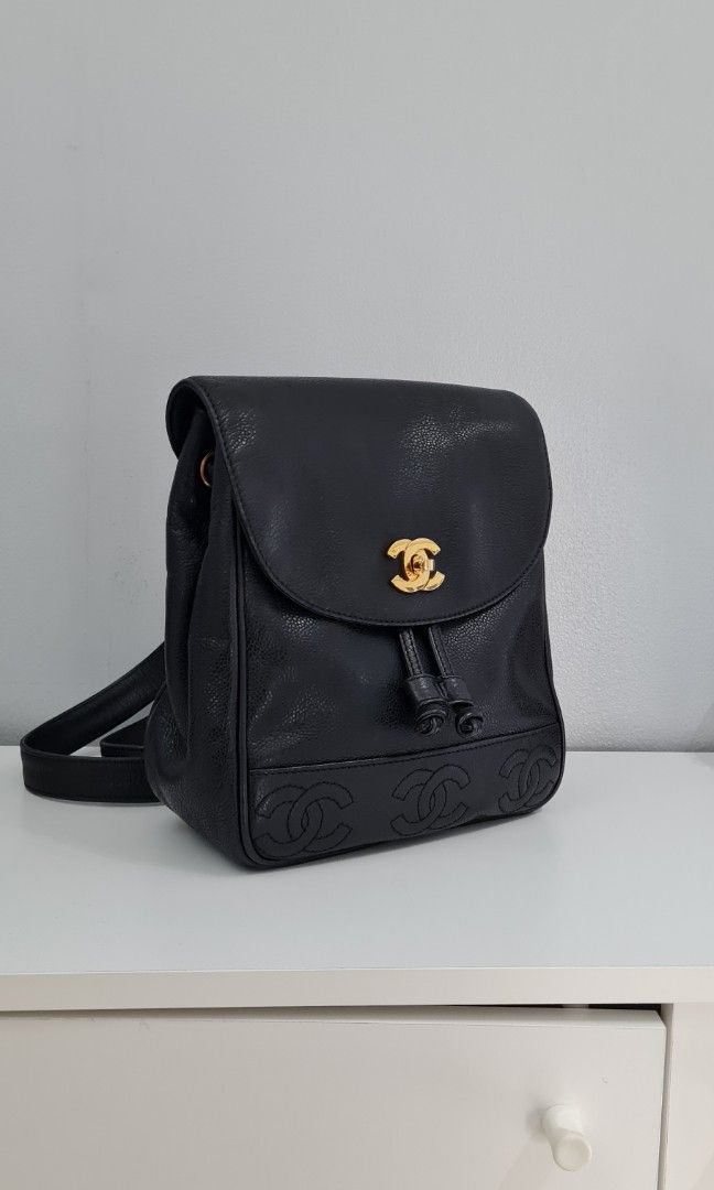 Chanel Vintage Triple CC Backpack in Black Caviar Leather and 24k