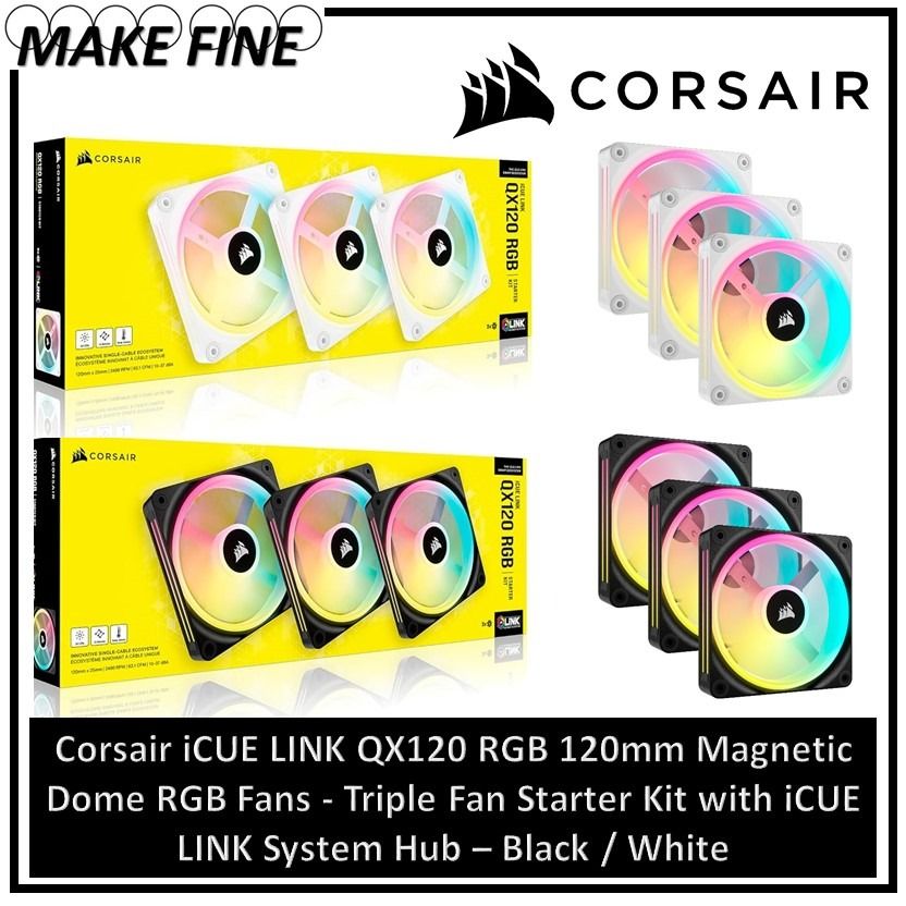 Corsair iCUE LINK QX120 RGB 120mm Magnetic Dome RGB Fans - Triple Fan  Starter Kit with iCUE LINK System Hub - White