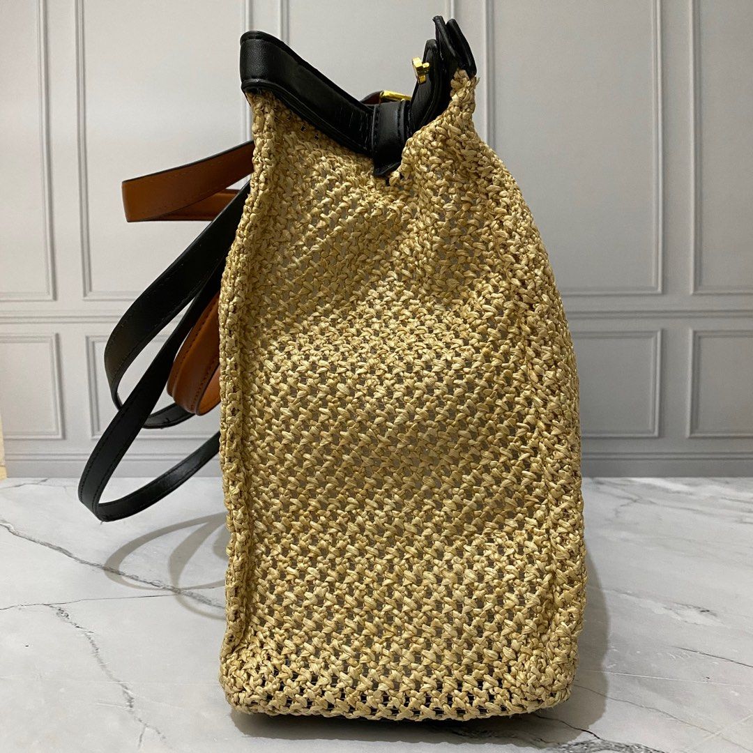 Fendi Peekaboo X-Tote Medium Woven Leather And Straw Tote Bag at