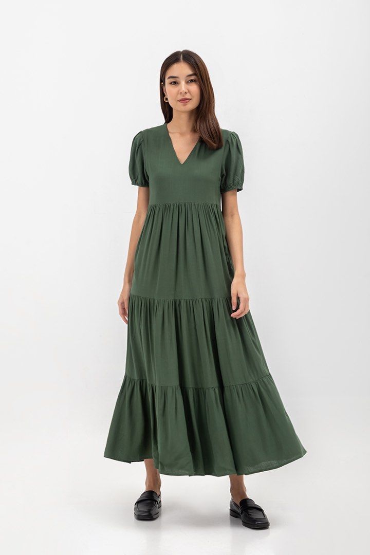 FERNANDA PUFF SLEEVE V NECK TIERED MAXI LINEN DRESS
