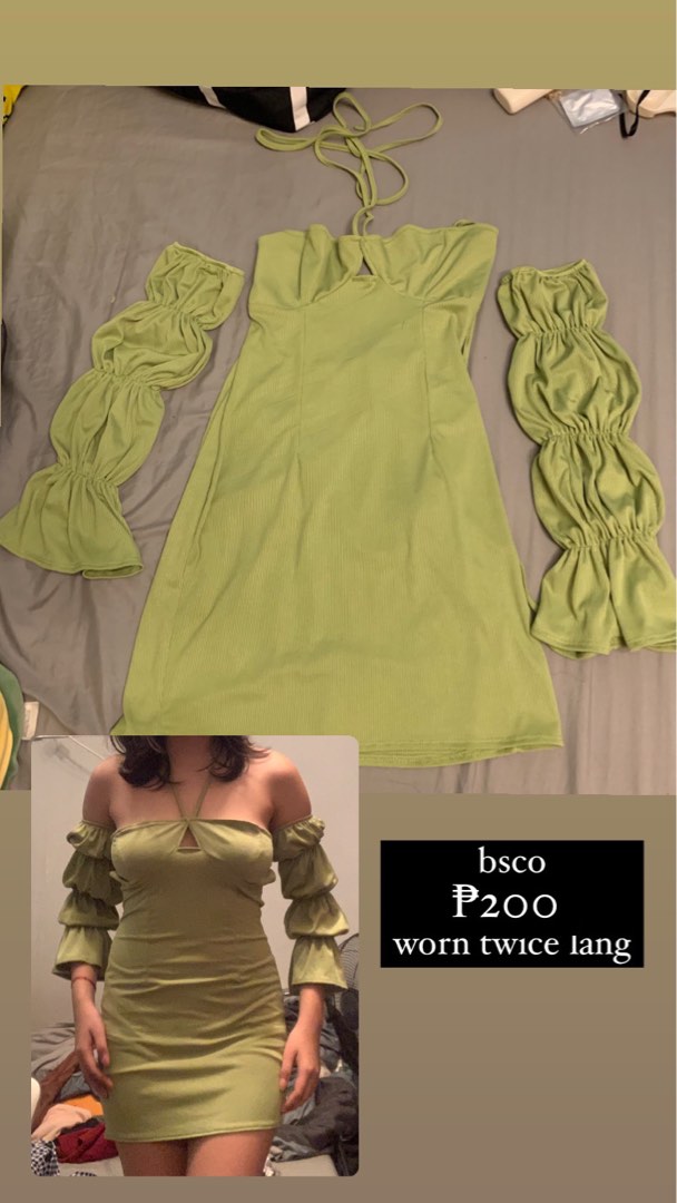 Off-Shoulder Halter Chiffon Dress with Blouson Bodice Green