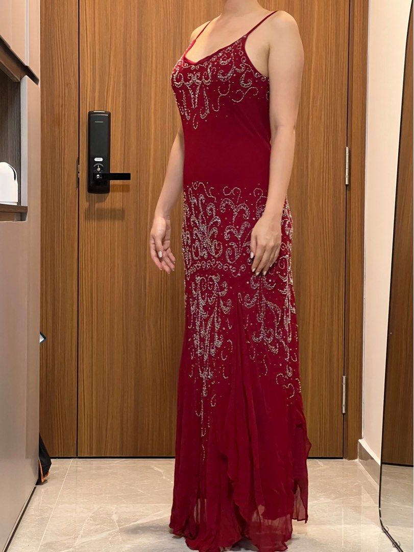 Red beaded evening gown shop
