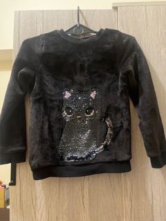 H&M貓咪翻轉亮片珊瑚絨保暖上衣8y-10y