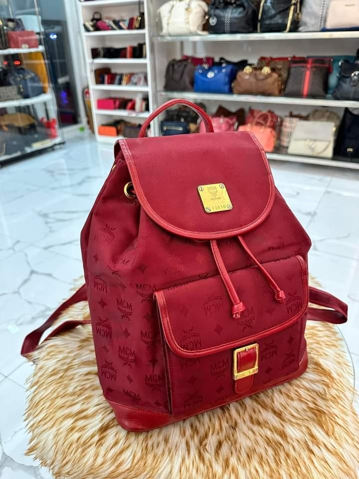 MCM Red Visetos Jacquard Leather Canvas Bagpack, Luxury, Bags & Wallets ...