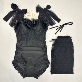 2-in-1 Swimwear Bustier Conservative One-piece Sheer Swimsuit with Self-tie Lacey Skirt Cover Up in Black Color