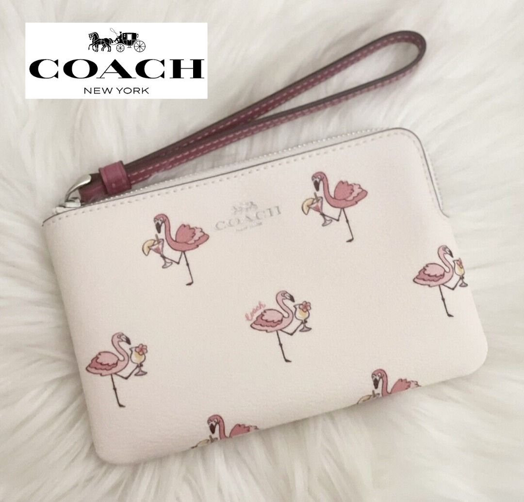 New Coach Original Corner Zip Wristlet With Flamingo Print Wrislet Wallet For Women Come With Complete Set Suitable For Gift