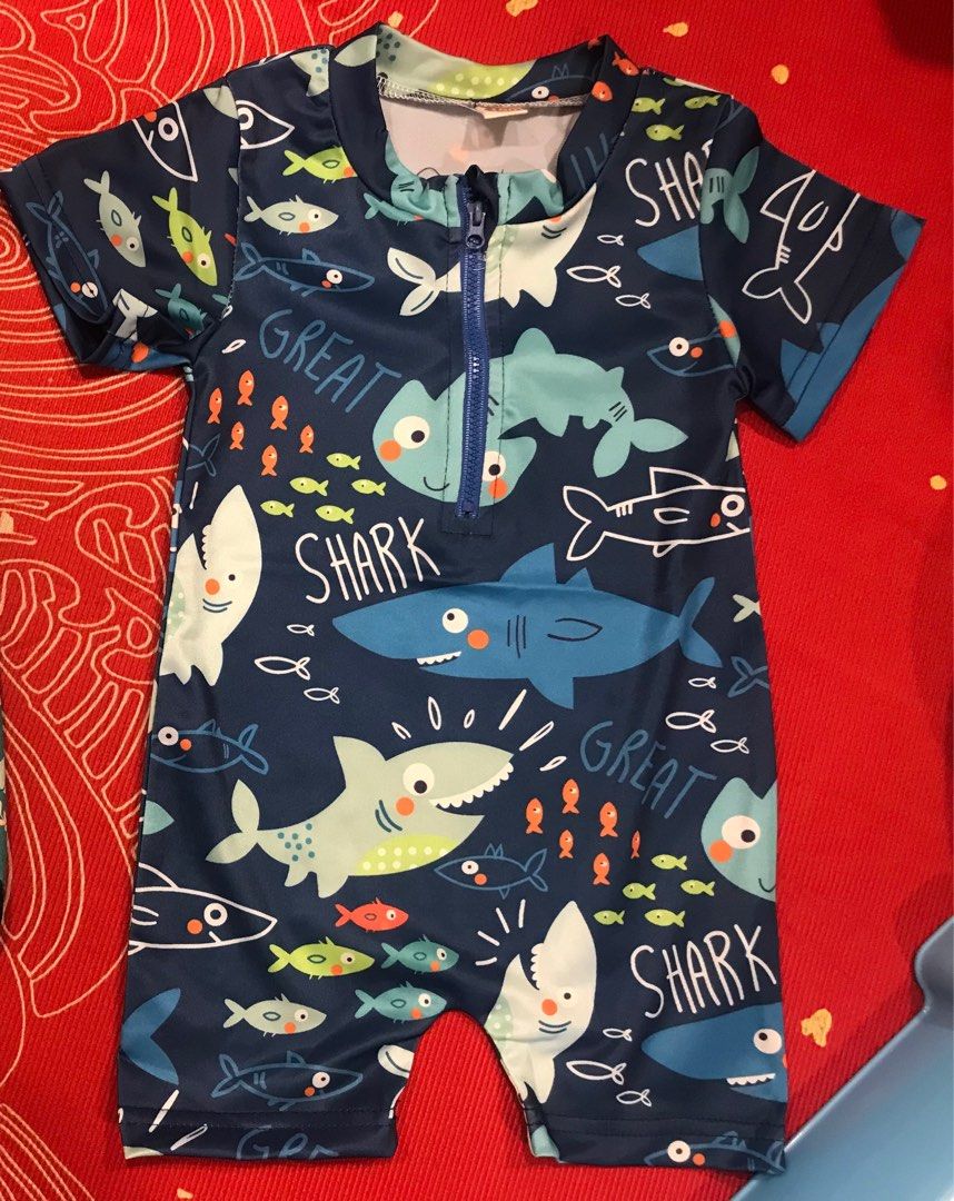 Newborn Baby Infant Boys Swimsuit Cartoon Shark Print Short Sleeve Round Neck Half Zipper Bathing Suit Swimwear Beachwear