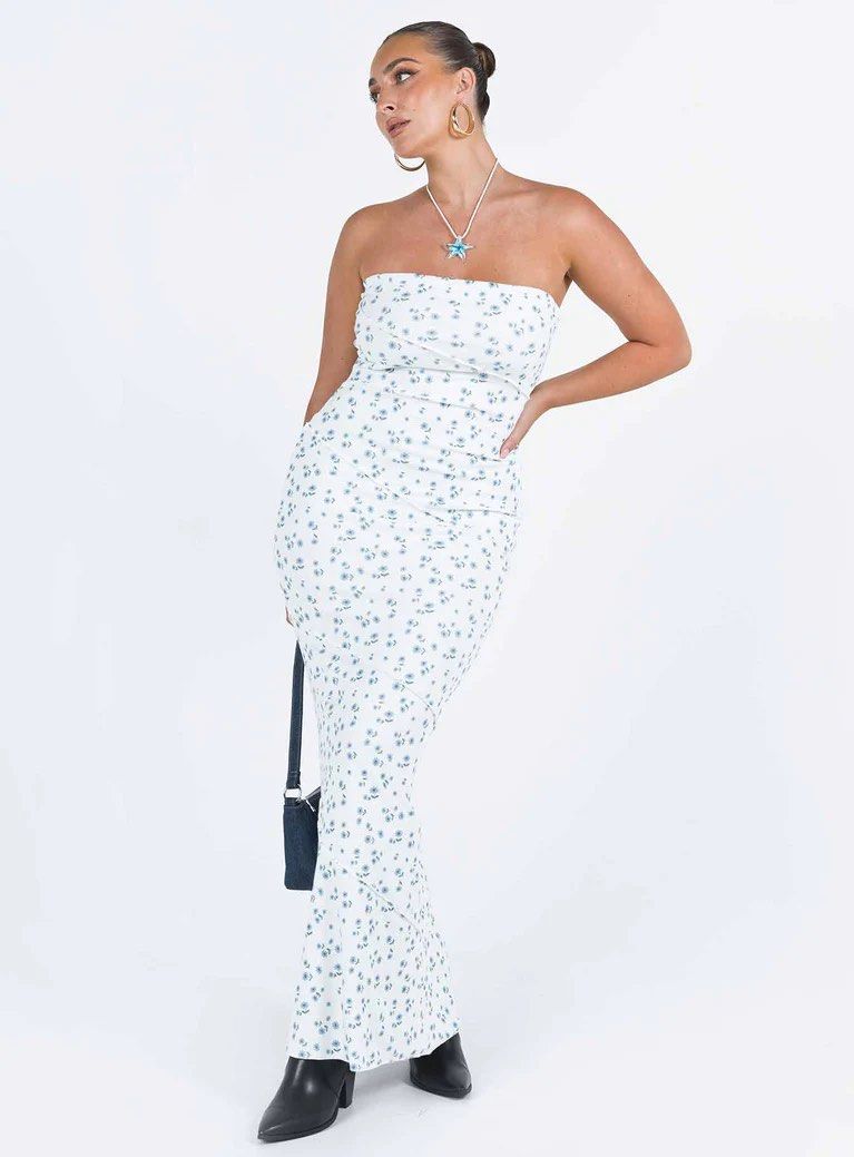 strapless open back dress Karena Mini Dress White | Blue Floral | White | Blue Floral | Womens