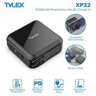 TYLEX XP32 15000mAh Powerbank AC Charge-in 3.0 PD Quick Charge  Foldable Plug Kickstand Built-in
