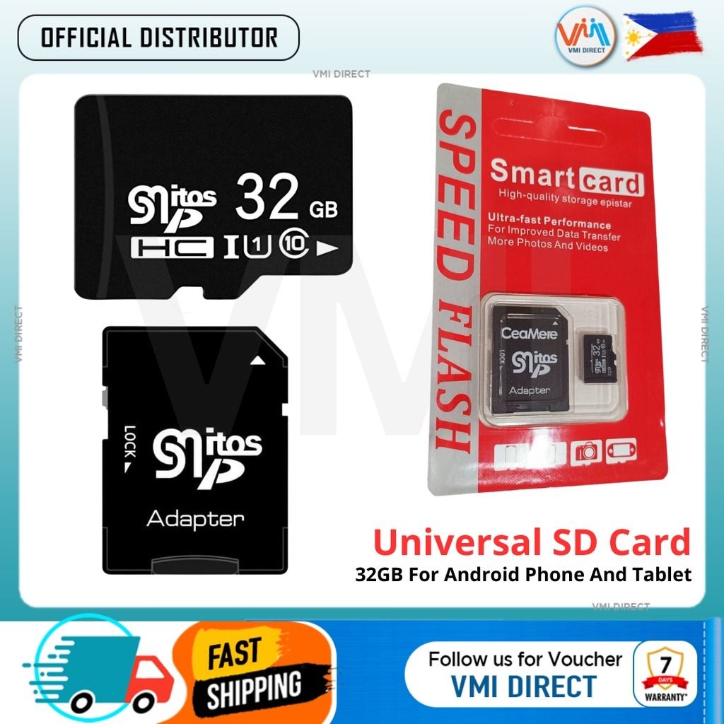 Universal Memory Card 32GB Micro SD Android Phone Tablet Speed Flash Universal Micro SD Card Class10 VMI Direct (Category: Memory & SD Cards) located in Manila. Submitted by vmidirect (Listing ID 1254688043, Image 1). Description: About this item ● 【Fast Transfer Speeds】 With Class 12 speed rating, this Mitos SD Memory Card enables fast file transfer performance between devices. ● 【Broad Compatibility】 With the adapter, the Mitos SD card can be u