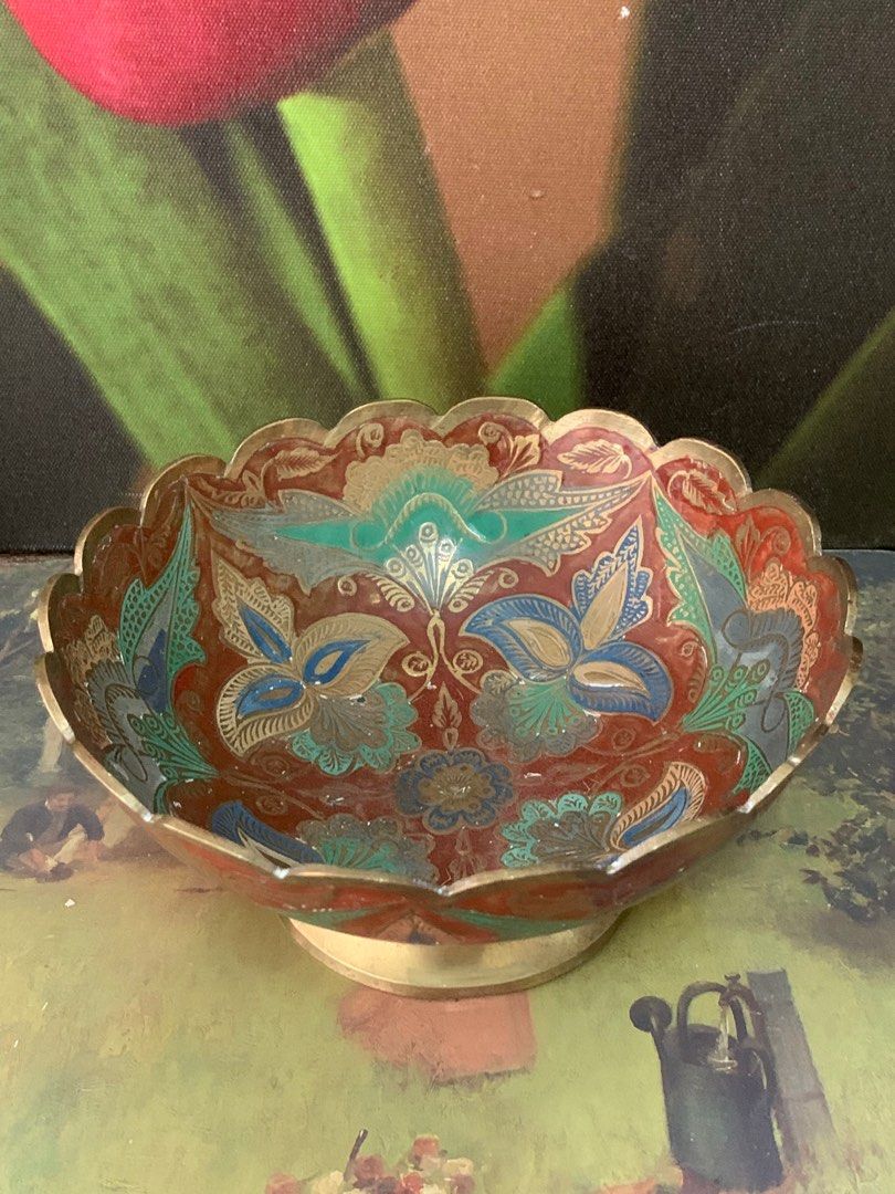 Small Vintage Etched Painted Brass Bowl with Peacock Design, Made