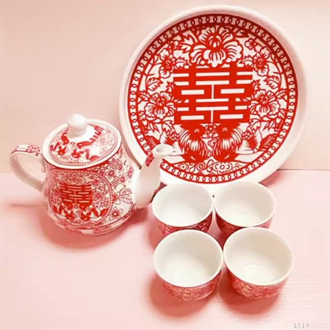 中國傳統結婚敬茶茶具套裝創意陶瓷婚慶茶壺茶杯托盤新婚禮物禮品