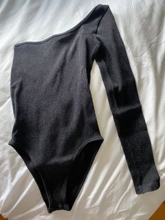 AUTH ZARA BLACK GLITTERY ONE SHOULDER BODY SUIT TOP BLOUSE