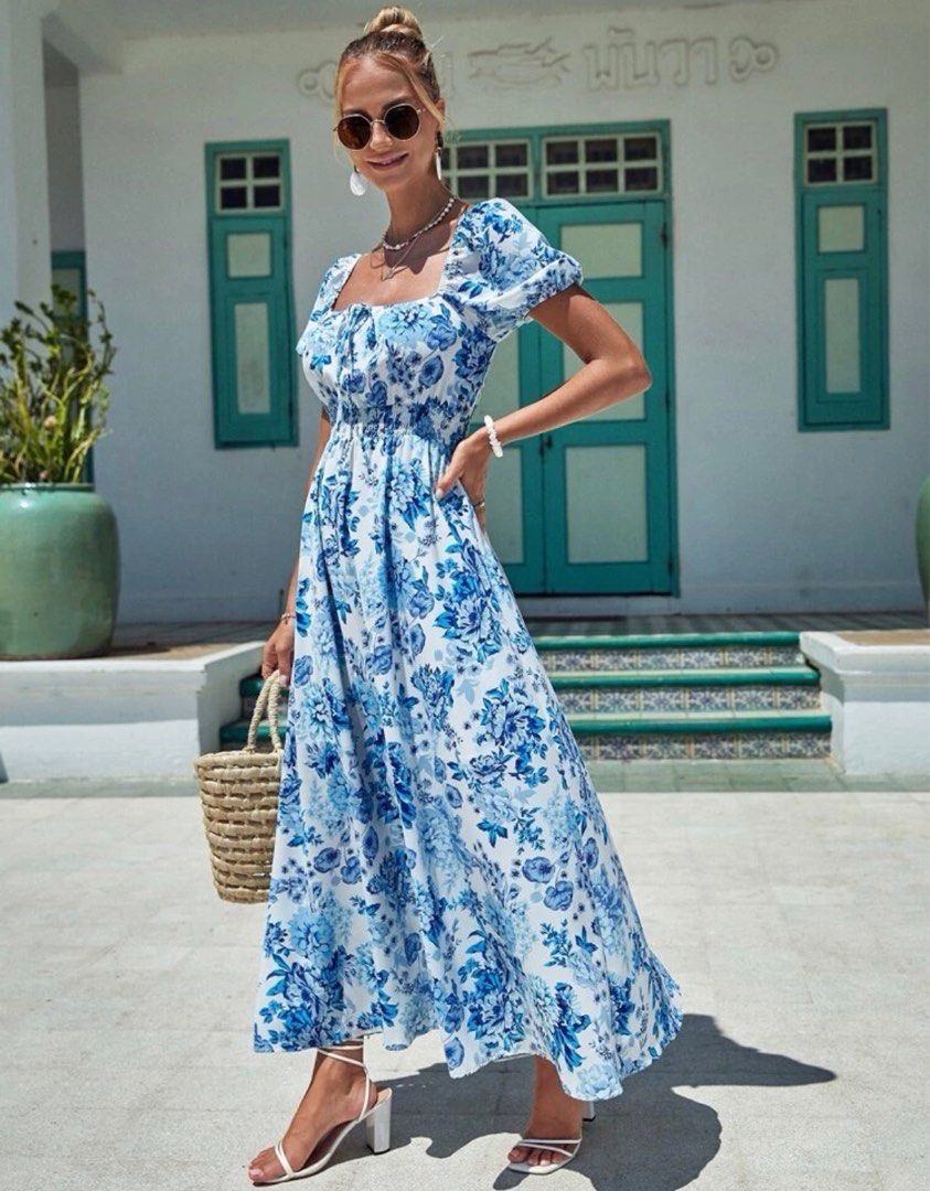 Blue floral print beach maxi long dress Women s Fashion Dresses
