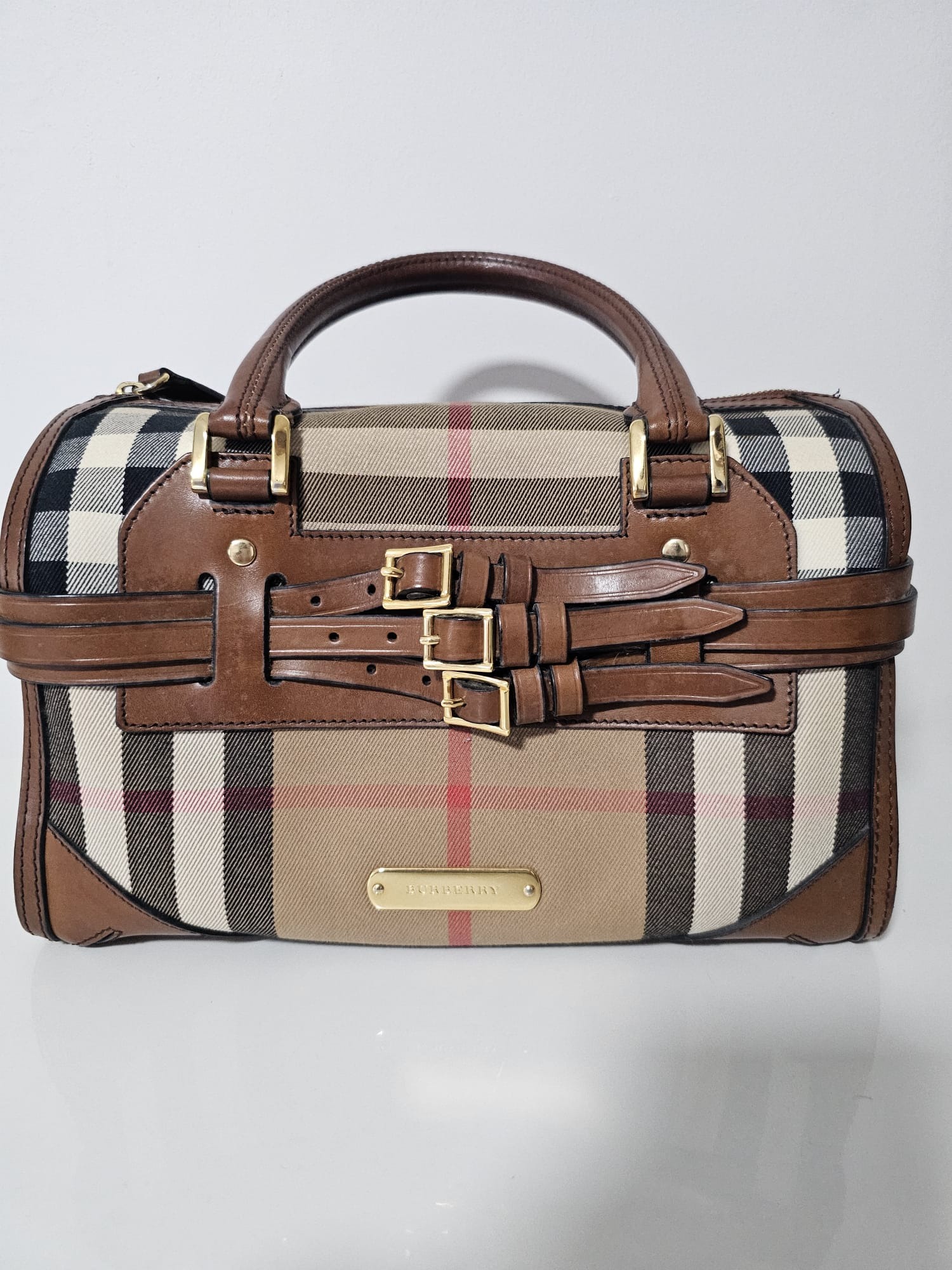 BURBERRY Brown Leather Bridle House Check Canvas Chester Bowling