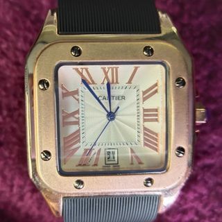 Cartier Santos Jubile XL8099 Rose Gold Bezel Date Stainless Steel Case Men's Unisex Wrist Watch Manual Winding Black Rubber Strap 47mm x39mm Fold Clasp