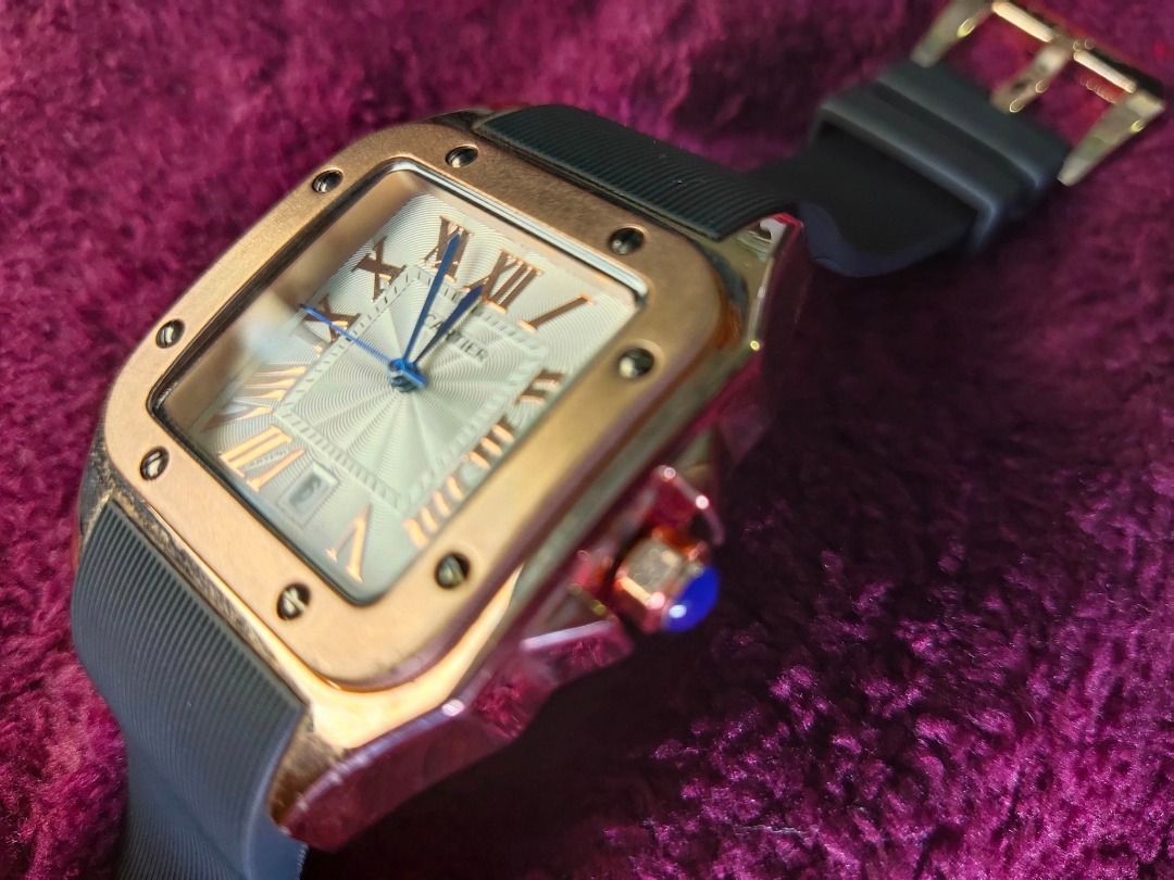 Cartier Santos Jubile XL8099 Rose Gold Bezel Date Stainless Steel Case Men s Unisex Wrist Watch Manual Winding Black Rubber Strap 47mm x39mm Fold