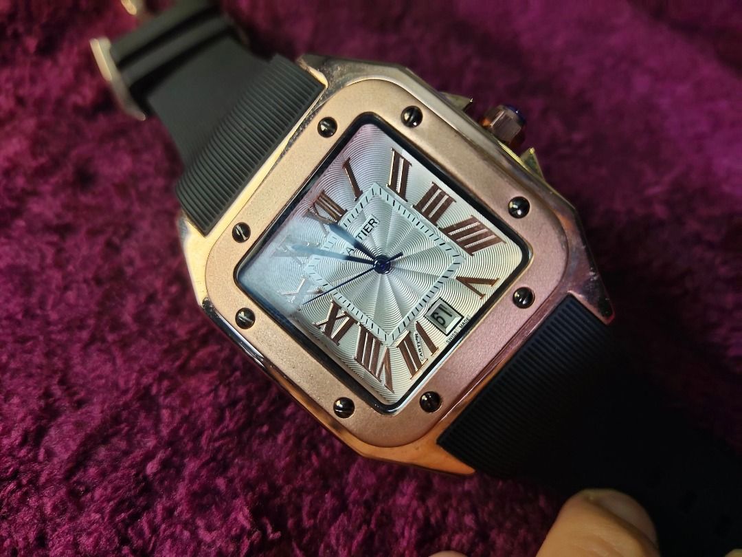 Cartier Santos Jubile XL8099 Rose Gold Bezel Date Stainless Steel Case Men s Unisex Wrist Watch Manual Winding Black Rubber Strap 47mm x39mm Fold