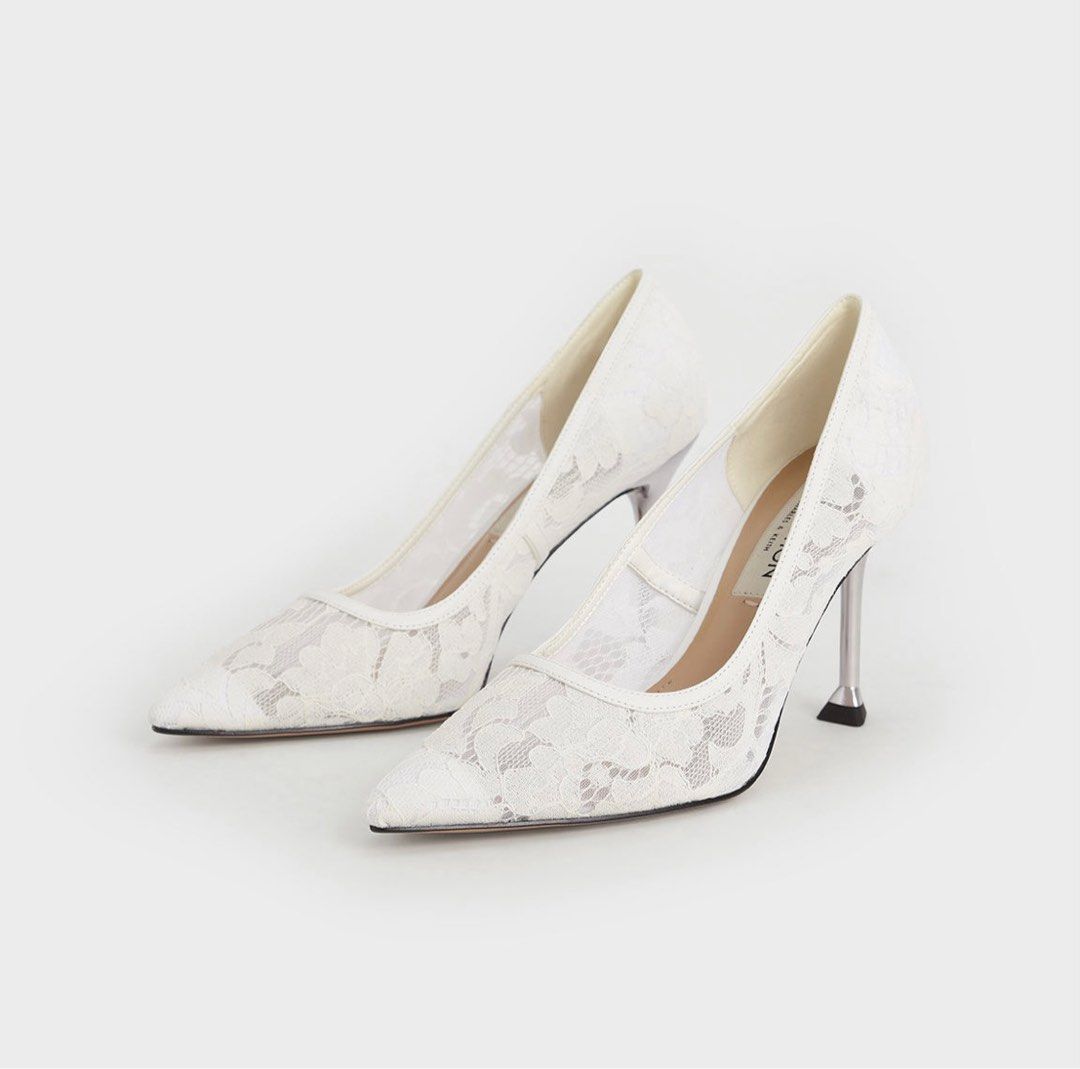 Charles Keith Lace Sculptural Heel Pumps in White LNIB