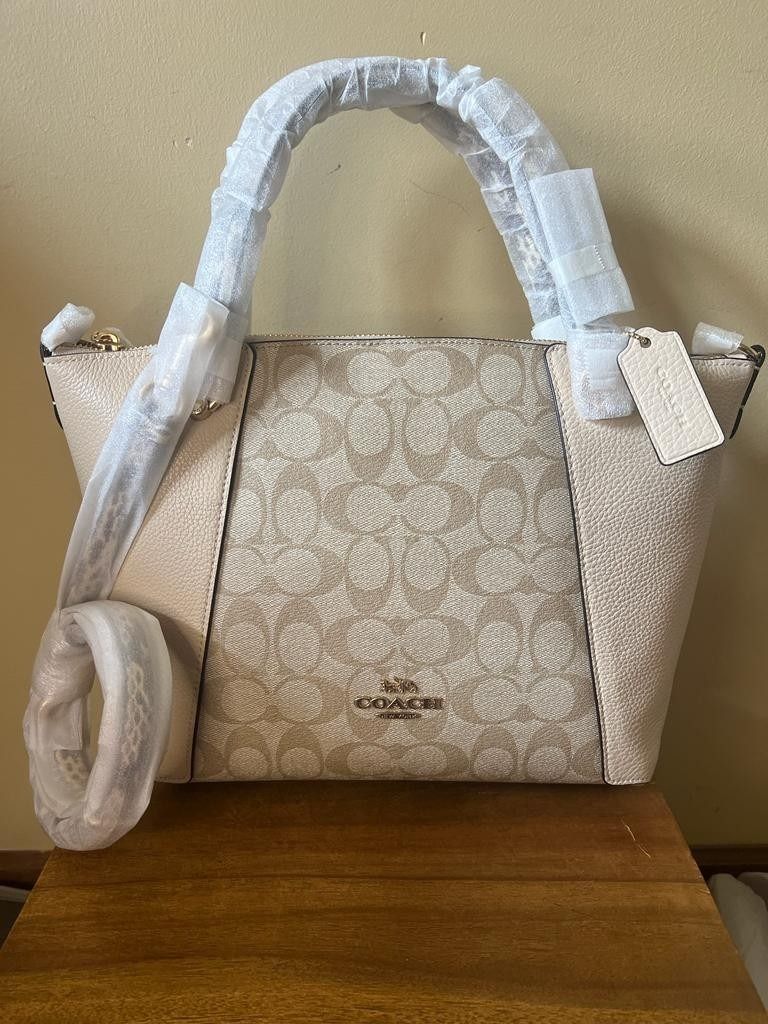 Coach (C7261) Kacey Khaki Chalk Blocked Canvas Top Zip Satchel Crossbody Handbag