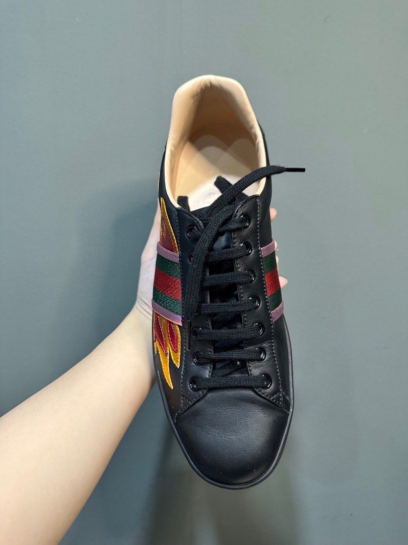 Gucci Ace Flame Black Leather Sneakers Men's 8.5