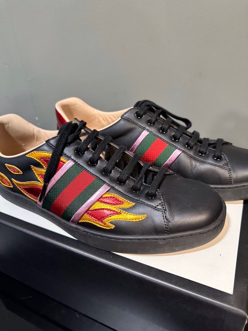 Gucci Ace Flame Black Leather Sneakers Men's 8.5 