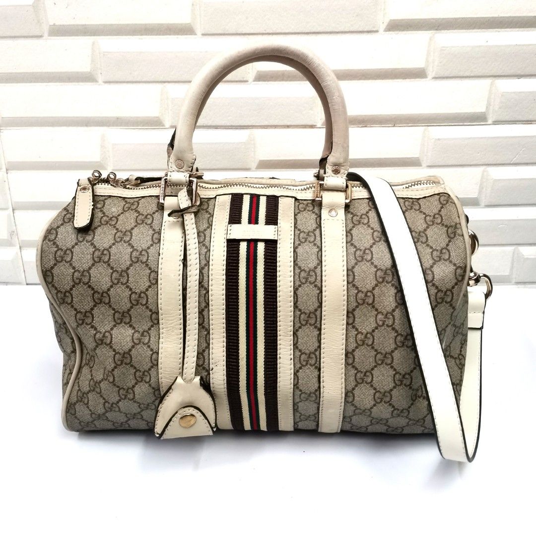 Gucci Boston Bag Vintage Web Gg Web Stripes Medium Brown Green, Luxury, Bags  & Wallets on Carousell