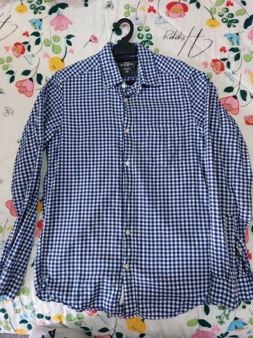 H M Blue Checkered Shirt Men s Fashion Tops Sets Formal